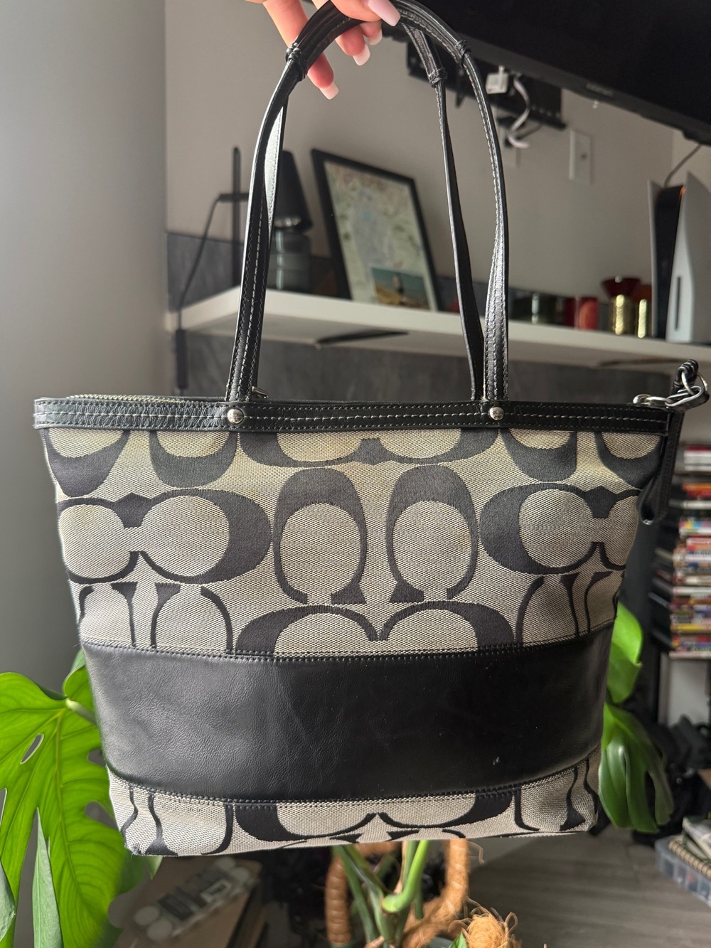 Coach Black and Beige Logo Canvas Tote